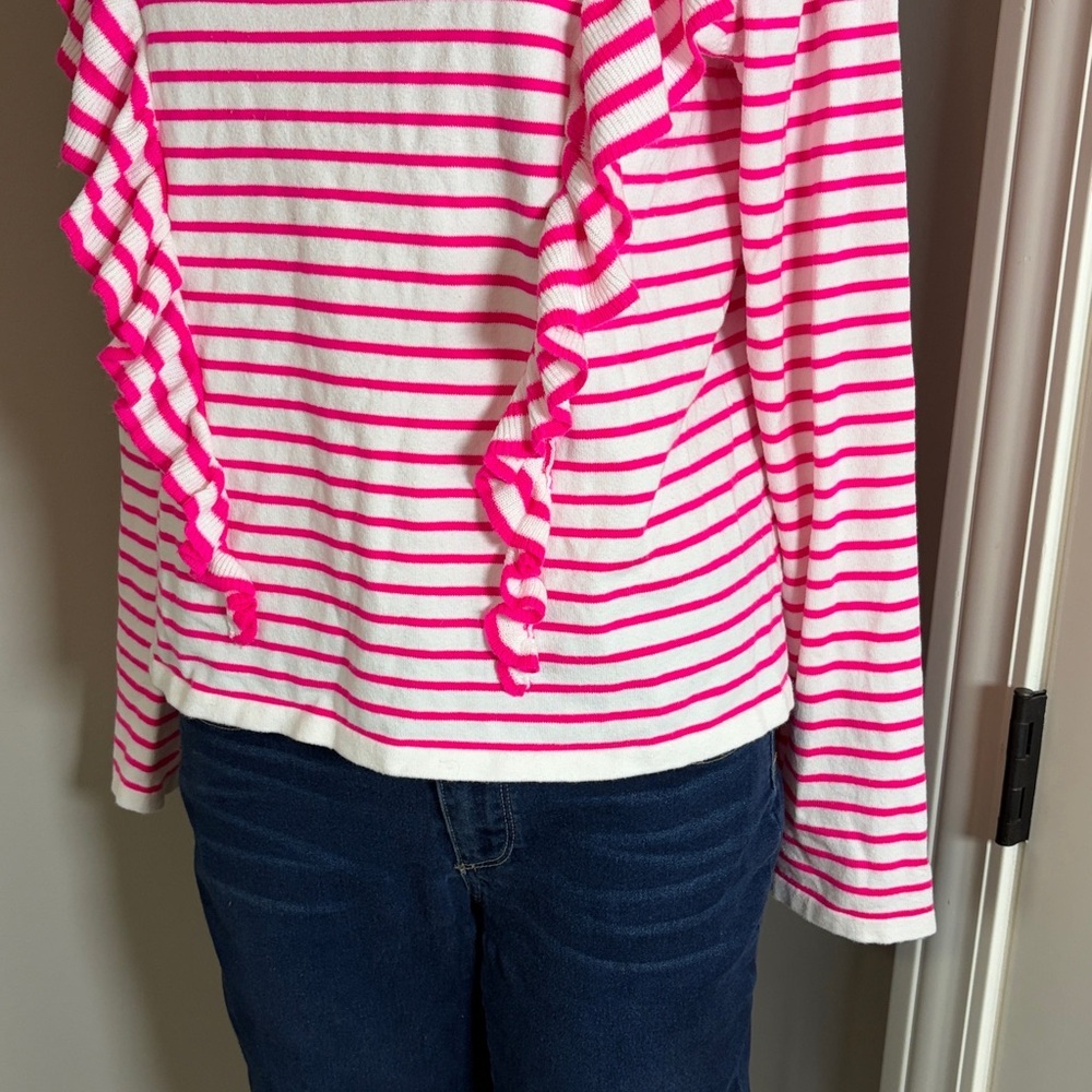 Lilly Pulitzer Ruth Striped Ruffle Sweater Beach Stripe Pink Tango Sz L - Picture 4 of 12
